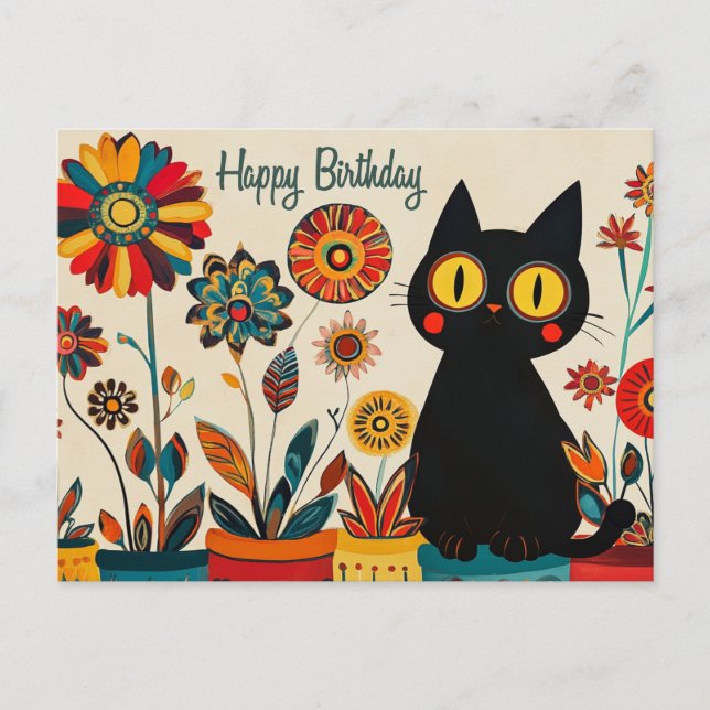 Carte Postale Joyeux Anniversaire Mignon Chat Noir avec Fleurs  (Devant)