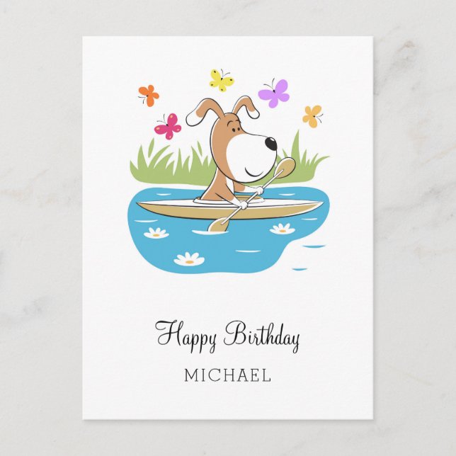 Carte Postale Joyeux anniversaire mignon chien chiot Kayak Kayak (Devant)