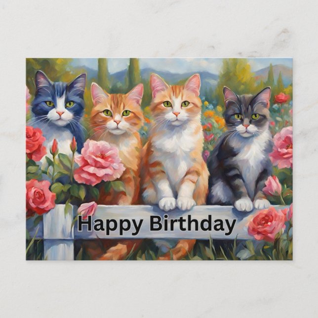 Carte Postale Joyeux Anniversaire Mignons Chats à la Clôture du  (Devant)