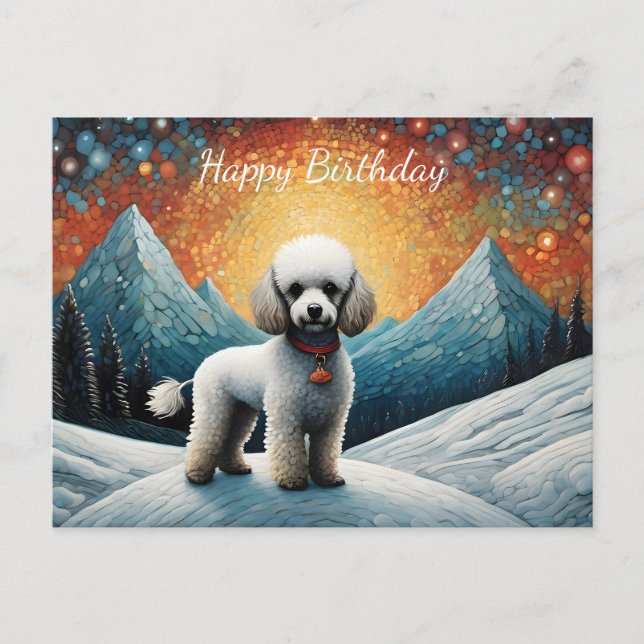 Carte Postale Joyeux Anniversaire Montagne enneigée Caniche Mign (Devant)