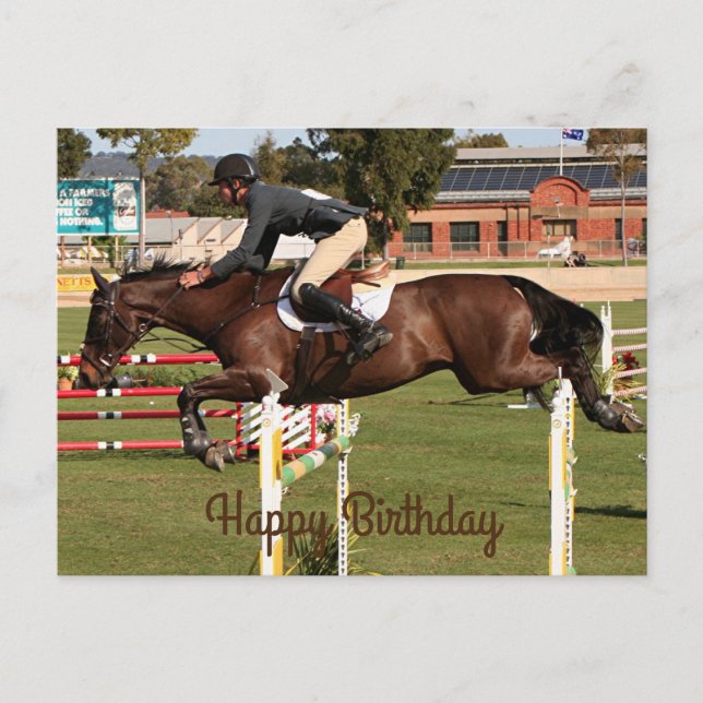 Carte Postale Joyeux anniversaire : Montrer saut cheval et caval (Devant)