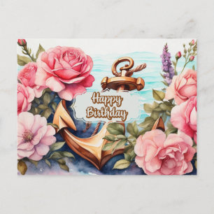 Carte Postale Joyeux anniversaire nautique Océan, Ancre, Roses r