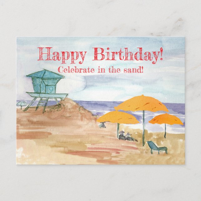 Carte Postale Joyeux Anniversaire Océan Célébrer Dans Le Sable (Devant)