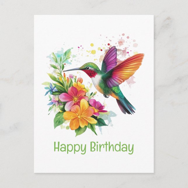 Carte Postale Joyeux Anniversaire Oiseau-Mouche Fleurs Tropicale (Devant)