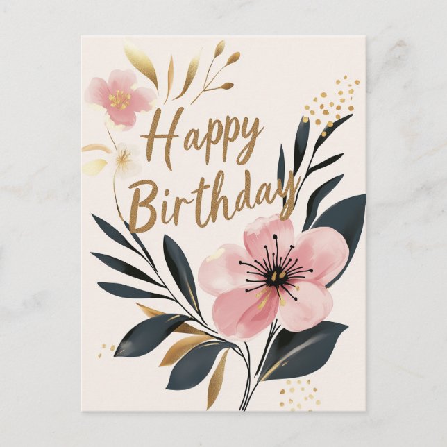 Carte Postale Joyeux Anniversaire Or Rose Floral (Devant)