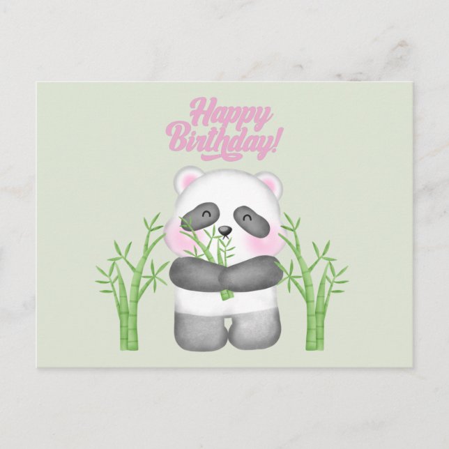 Carte Postale Joyeux Anniversaire Ourson Panda Mignon et Bambou (Devant)