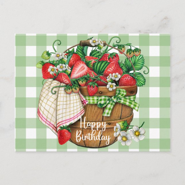 Carte Postale Joyeux Anniversaire Panier de Fruits Fraise Rustiq (Devant)