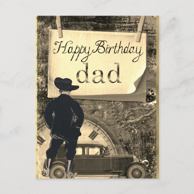 Carte Postale Joyeux Anniversaire Papa  Voiture Cowboy Horloge (Devant)