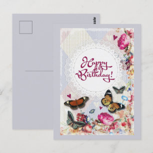 Carte Postale Joyeux Anniversaire Papillons et Fleurs