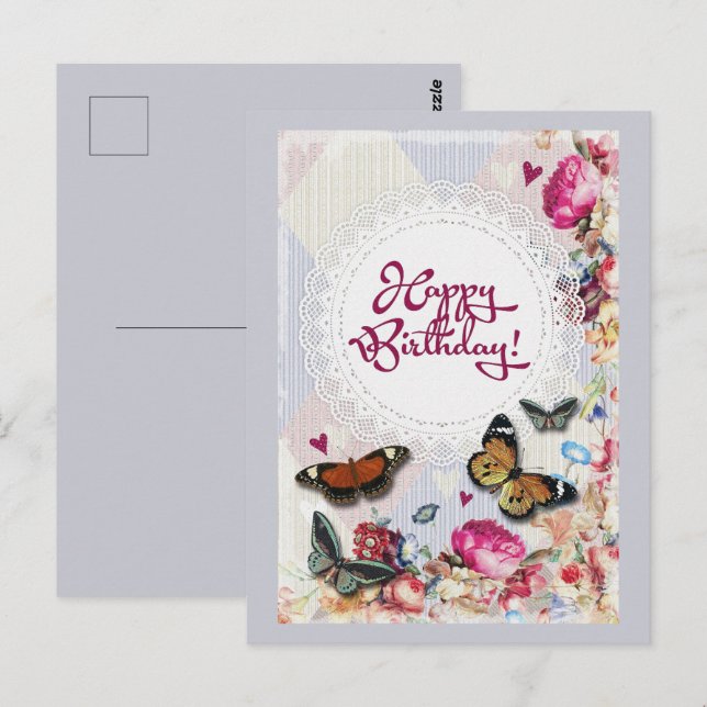 Carte Postale Joyeux Anniversaire Papillons et Fleurs (Devant / Derrière)