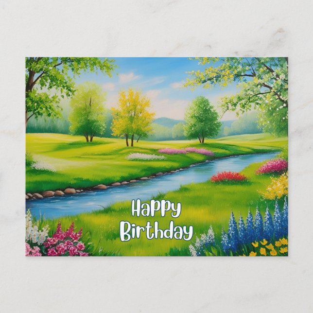 Carte Postale Joyeux Anniversaire Paysage d'Été, Rivière  (Devant)