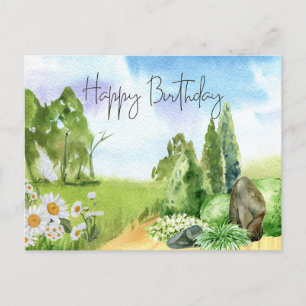 Carte Postale Joyeux anniversaire Paysage naturel et fleurs de m