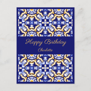 Carte Postale Joyeux anniversaire personnalisable bleu Azulejos