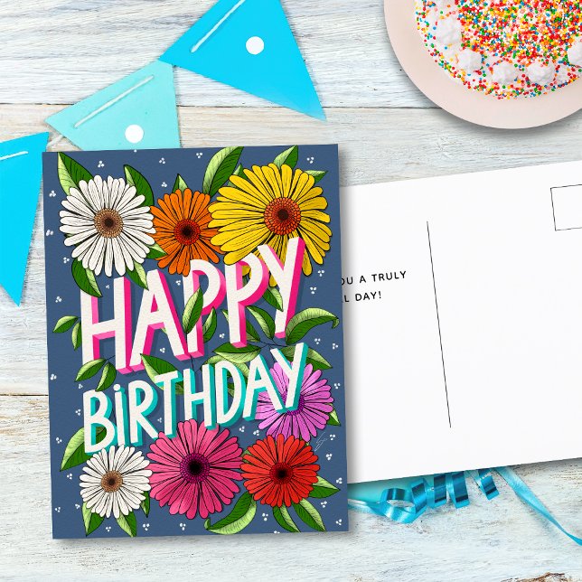 Carte Postale Joyeux Anniversaire Personnalisé Floral Bleu Color (Créateur téléchargé)