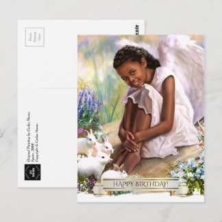 Carte Postale Joyeux anniversaire. Petit ange avec lapins