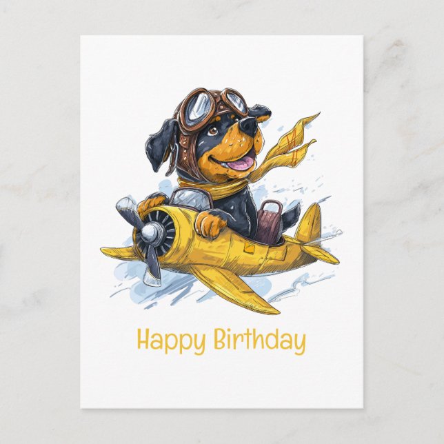 Carte Postale Joyeux Anniversaire Pilote d'Avion Chien Rottweile (Devant)