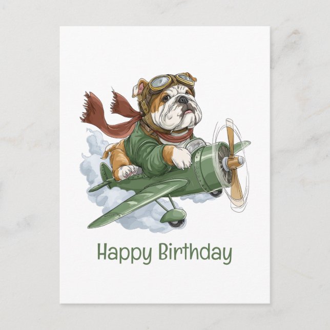 Carte Postale Joyeux Anniversaire Pilote de Bulldog Anglais Avio (Devant)