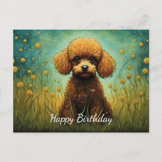 Carte Postale Joyeux Anniversaire Prairie Fleur Caniche Mignon