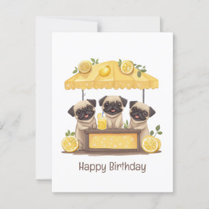 Carte Postale Joyeux Anniversaire Pug Chiens Stand de Lemonade