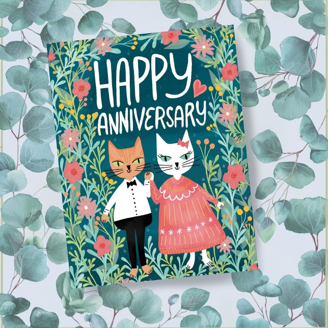 Carte Postale Joyeux Anniversaire Purr-fect Pair Cats Floral (Happy Anniversary Purr-fect Pair Cute Cats Floral Postcard
)