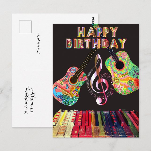 Carte Postale Joyeux anniversaire Rainbow Guitar Piano | (Devant / Derrière)