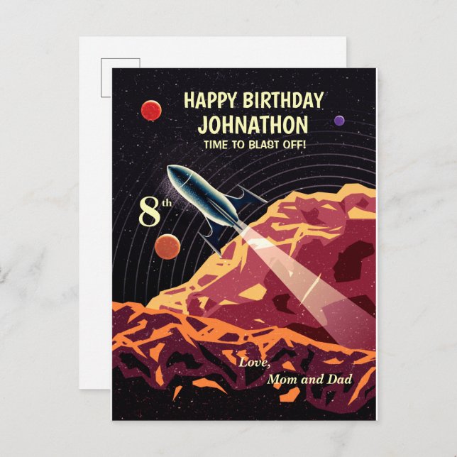 Carte Postale Joyeux anniversaire Rocket Space Universe Amusant (Devant / Derrière)