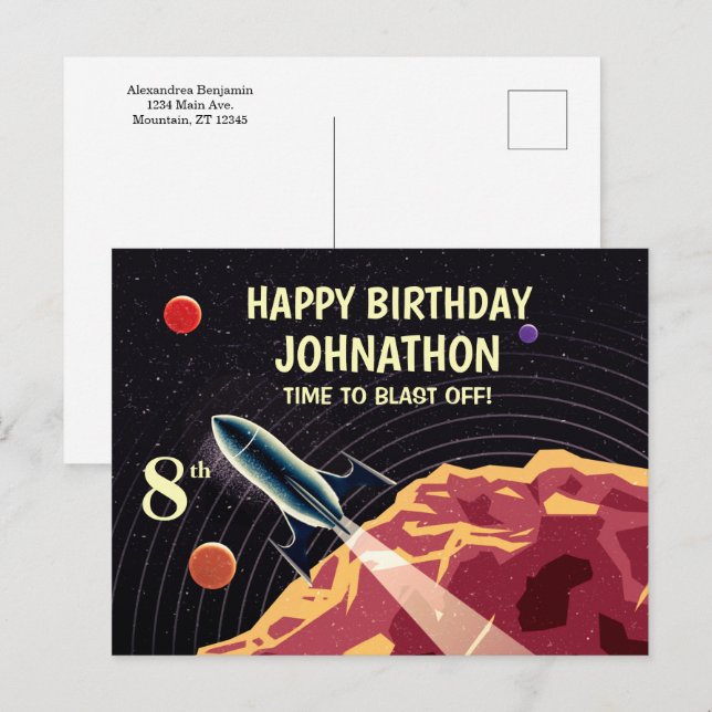 Carte Postale Joyeux Anniversaire Rocket Spacship Universe Perso (Devant / Derrière)
