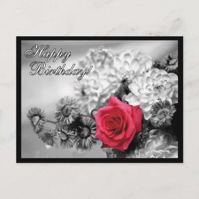 Carte Postale Joyeux anniversaire ! Rose rouge avec noir et blan (Devant)