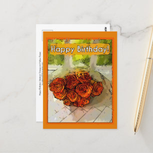 Carte Postale Joyeux anniversaire ! Roses Abstraites orange et j