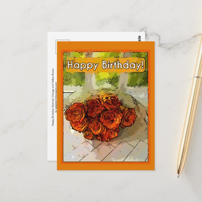 Carte Postale Joyeux anniversaire ! Roses Abstraites orange et j (Devant/Arrière en situation)