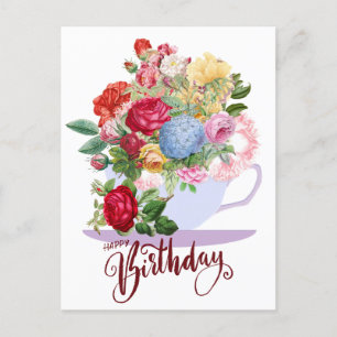 Carte Postale Joyeux Anniversaire Roses Anciennes dans une Tasse