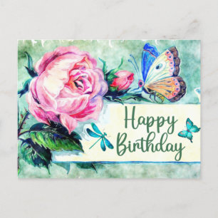 Carte Postale Joyeux Anniversaire Roses Vintage et Papillons