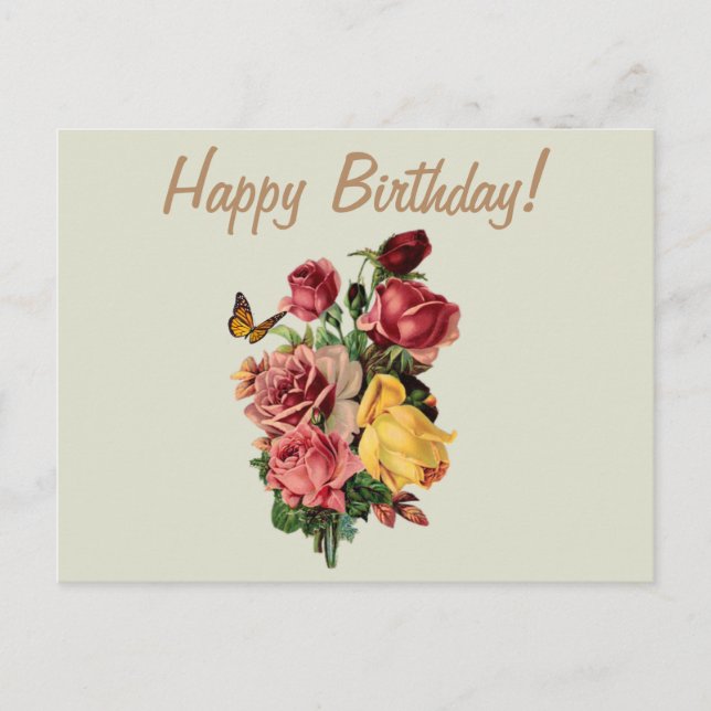 Carte Postale Joyeux anniversaire Roses Vintages et papillon (Devant)
