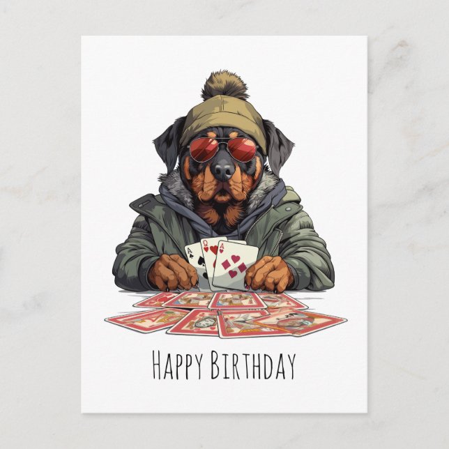 Carte Postale Joyeux Anniversaire Rottweiler Chien Jouant aux ca (Devant)