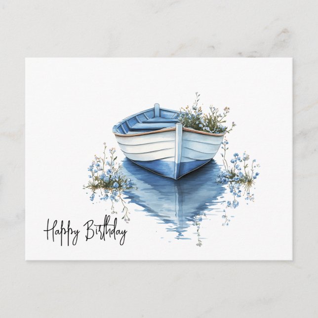 Carte Postale Joyeux Anniversaire Rowboat Blue Flowers (Devant)