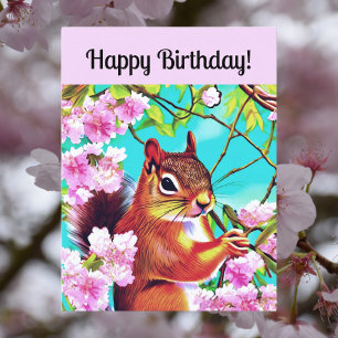 Carte Postale Joyeux anniversaire Sécureuil Sakura en fleurs de 