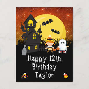 Carte Postale Joyeux Anniversaire Sorcière Fantôme Orange Hallow