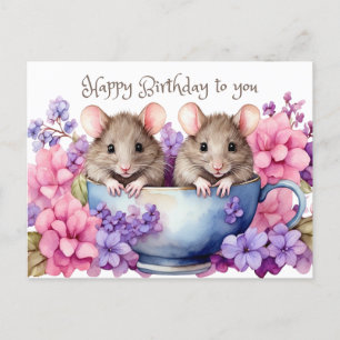 Carte Postale Joyeux Anniversaire Souris Aquarelle dans une Tass
