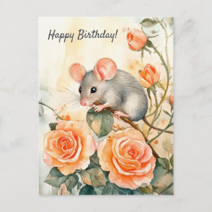 Carte Postale Joyeux Anniversaire souris et roses