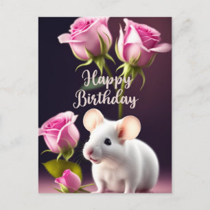 Carte Postale Joyeux Anniversaire Souris Mignonne avec Roses Ros