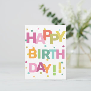 Carte Postale Joyeux Anniversaire Texte Coloré Confettis et Étoi