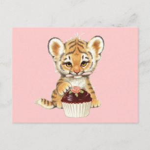 Carte Postale Joyeux anniversaire - Tigre mignon avec Cupcake