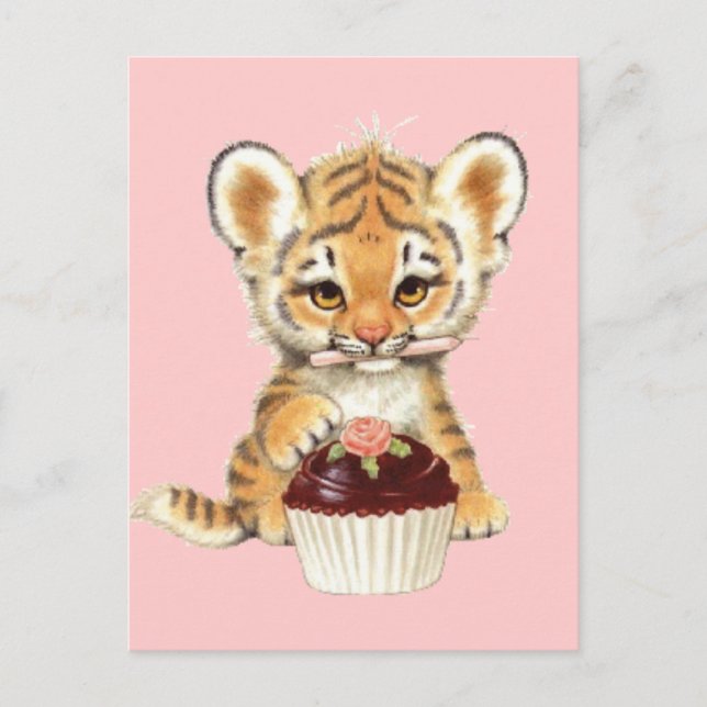 Carte Postale Joyeux Anniversaire - Tigre Mignon avec Gâteau (Devant)