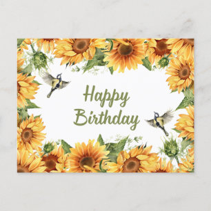 Carte Postale Joyeux Anniversaire Tournesols et Oiseaux Aquarell