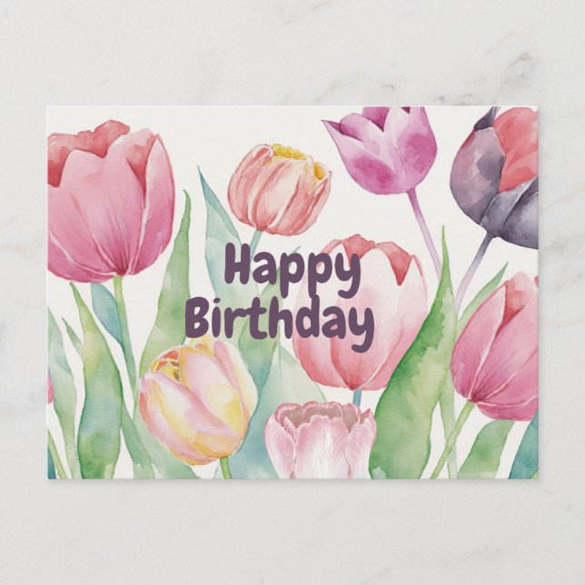 Carte Postale Joyeux Anniversaire Tulipes Aquarelle Fleur Abstra (Devant)