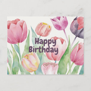 Carte Postale Joyeux Anniversaire Tulipes Aquarelle Floral Abstr