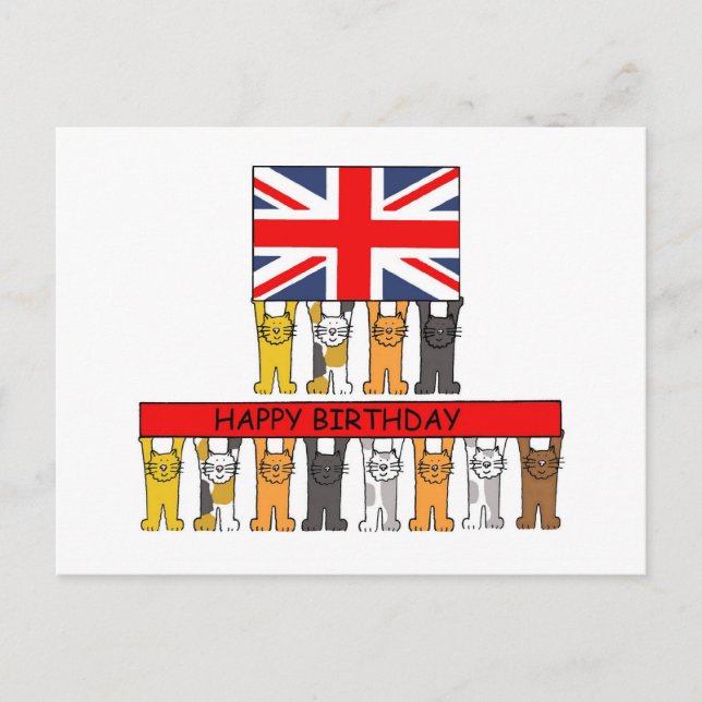 Carte Postale Joyeux anniversaire Union Jack et chats caricatura (Devant)