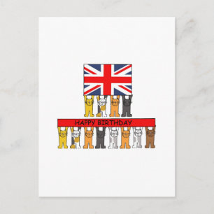 Carte Postale Joyeux anniversaire Union Jack et chats caricatura