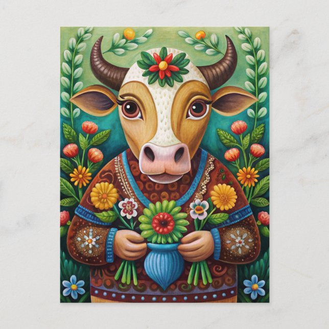 Carte Postale Joyeux anniversaire vache d'art populaire  (Devant)
