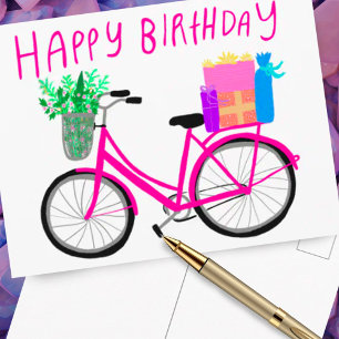 Carte Postale Joyeux Anniversaire Vélo Rose Personnalisé 
